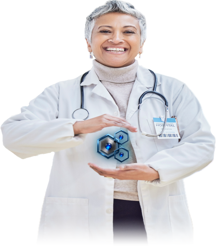 Physician in a white coat holding the CORTEX mark between her hands