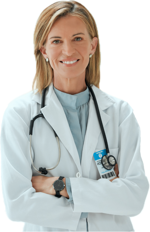 Physician in a white coat with a stethoscope, arms folded